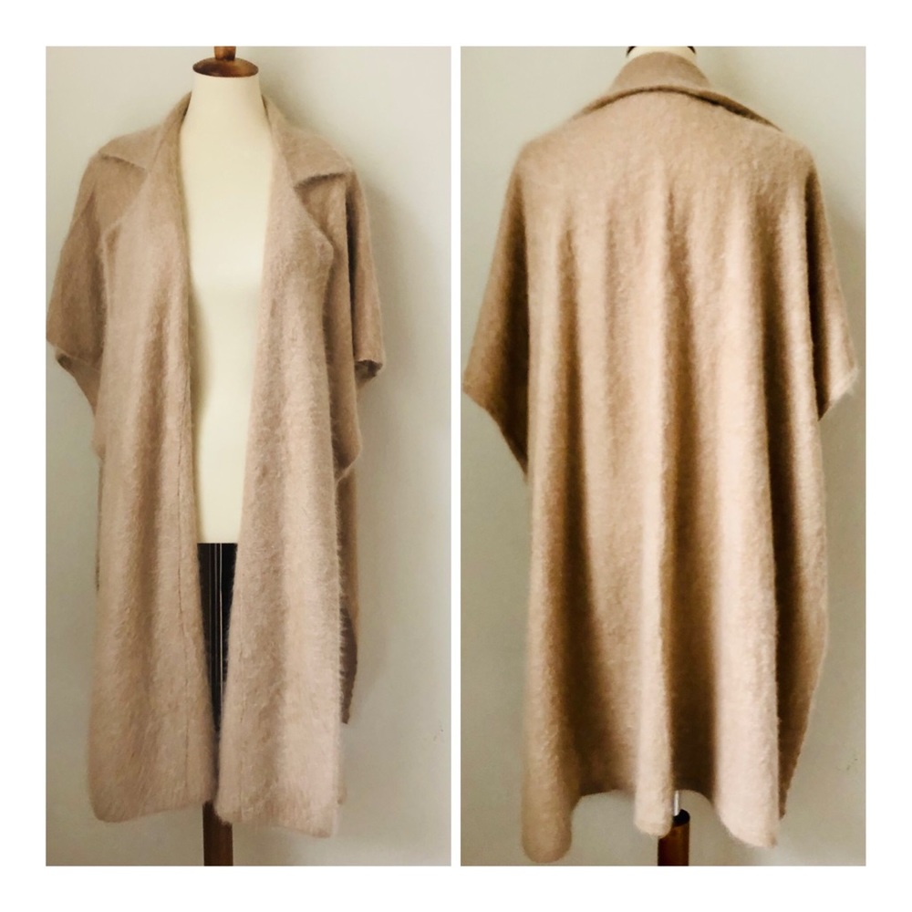 🆓 Shipping 100% Cashmere Open Front Long Coatigan- Oversized Camel Beige Wrap - Picture 3 of 11